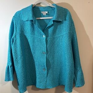 Rafael button down shirt women’s large turquoise textured crinkle-fabric blouse